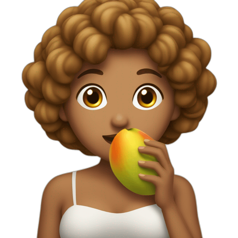 Mujer venezolana piel canela y pelo rizado comiendo mangos  emoji