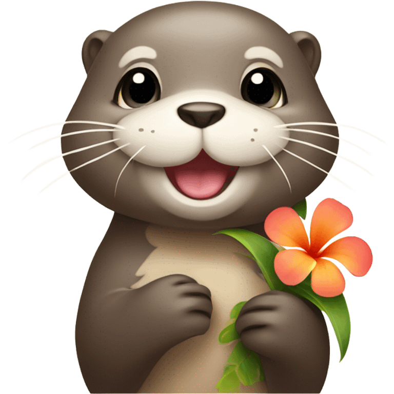 A happy and cute otter face holding a Hawaiian flower emoji