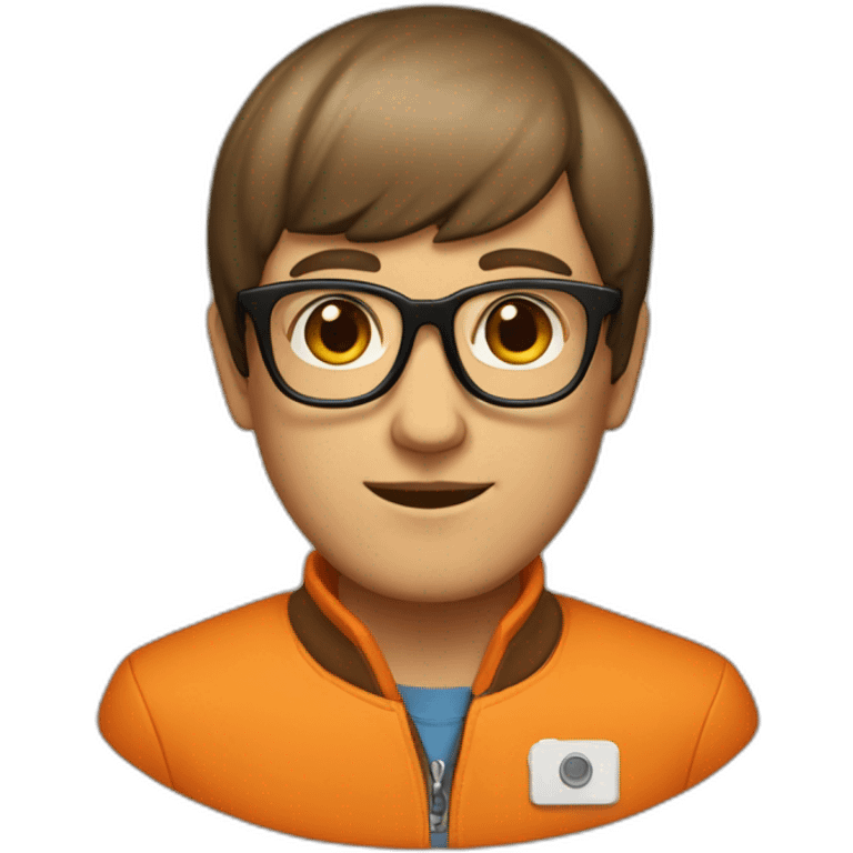 a man with a bowl cut brown squar glasses, a orange jacket emoji