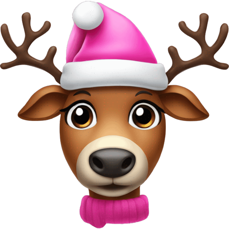 A cute big eyed reindeer with a pink Santa hat emoji