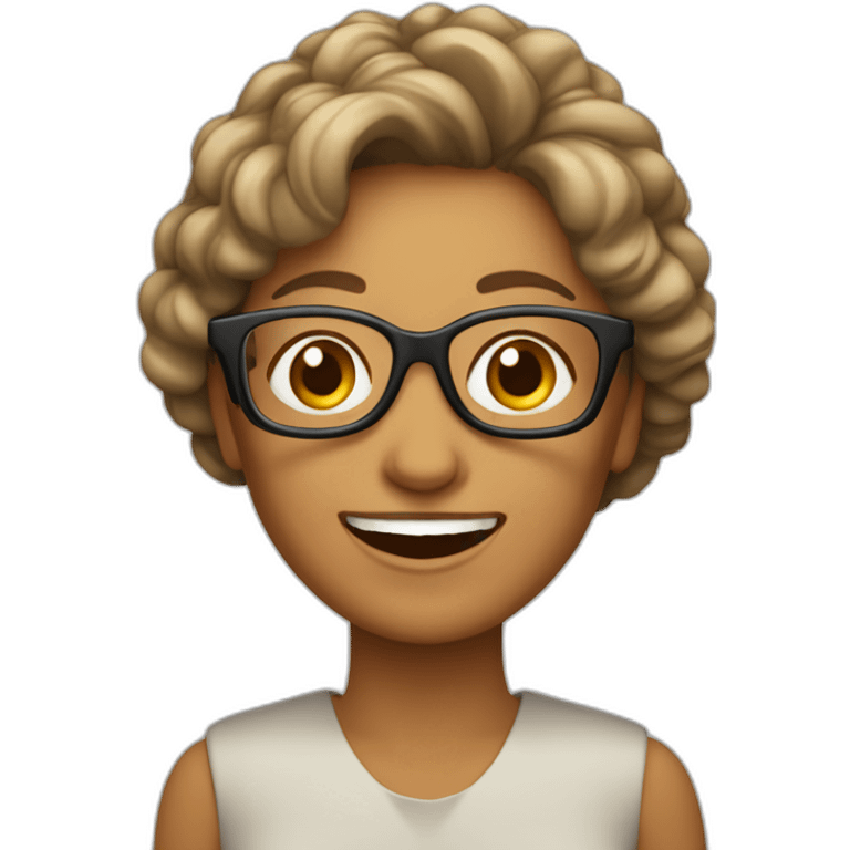 Mujer 50 años sonriente, con pelo castaño ondulado y lentes emoji