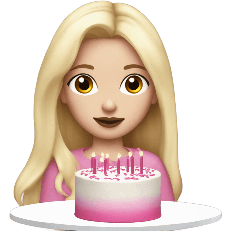 White girl with blonde straight hair, pink lips, dark eyes, white and pink birthday cake in hands, 32 on cake emoji