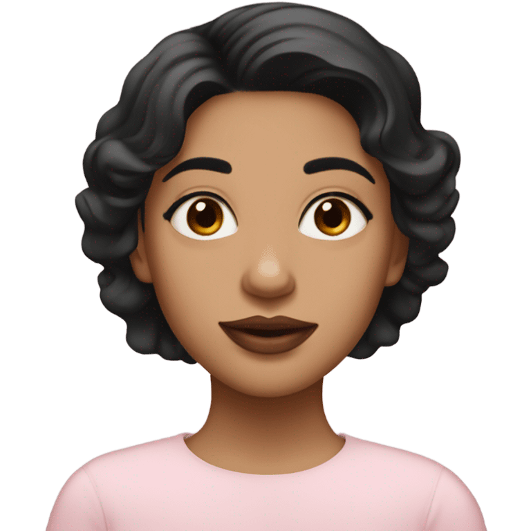 A South Asian girl with pale skin, black wavy short hair and pale pink lips emoji