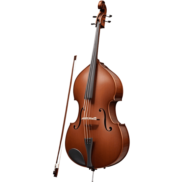 Create an elegant and detailed emoji representing a Gliga Gama double bass with bow. The design should showcase the large, sleek body of the double bass with its rich wood finish, including the characteristic curves and deep tone holes. The bow should be elegantly positioned next to the instrument, highlighting the hair and smooth wooden stick. Use warm wood tones like chestnut brown for the body of the bass, silver accents for the fittings, and dark brown for the bow. Add subtle musical notes or sound waves flowing from the bass to represent its deep, resonant sound. The background should be transparent. emoji