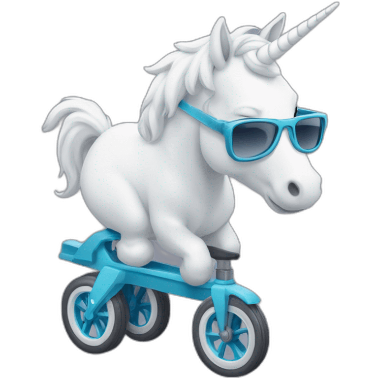 Une licorne blanche qui fait de la trotinette et qui a des lunettes de soleil emoji