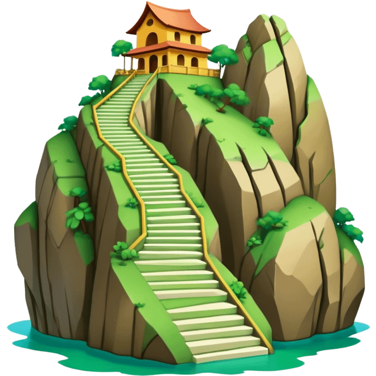 Cinematic Realistic Guatapé Rock Landmark Emoji, depicting the colossal monolithic rock with its zigzagging staircase, offering panoramic views of lush green lakes and scattered islands. emoji