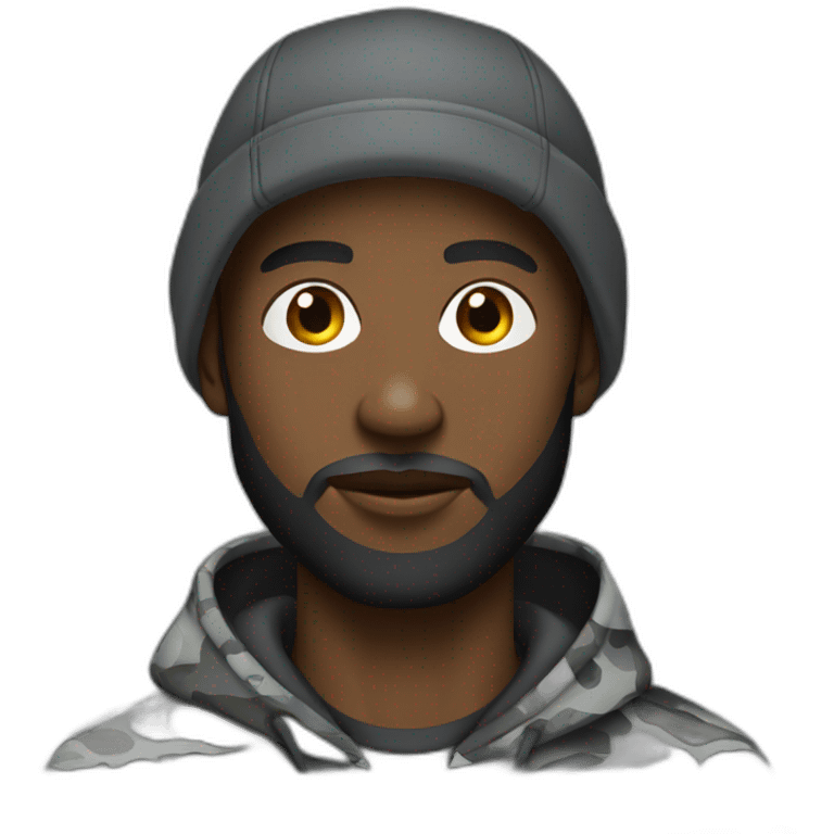 black man with a beard, gray camo hat, black pullover  hoodie emoji