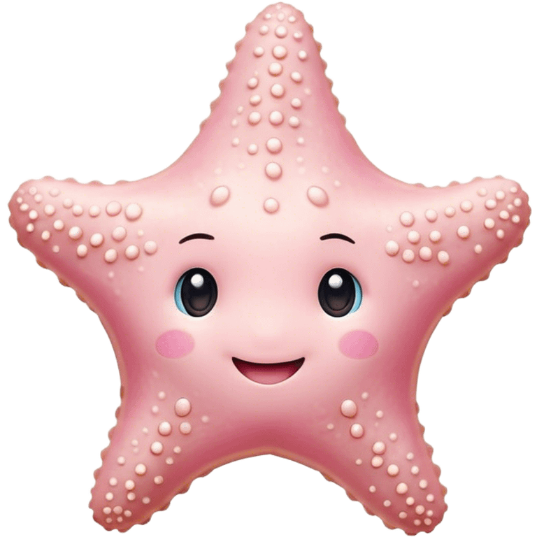 Cinematic cute round starfish, pastel pink, soft bumpy texture, tiny happy face, slightly tilted, glowing warmly, sparkling with gentle ocean magic. emoji