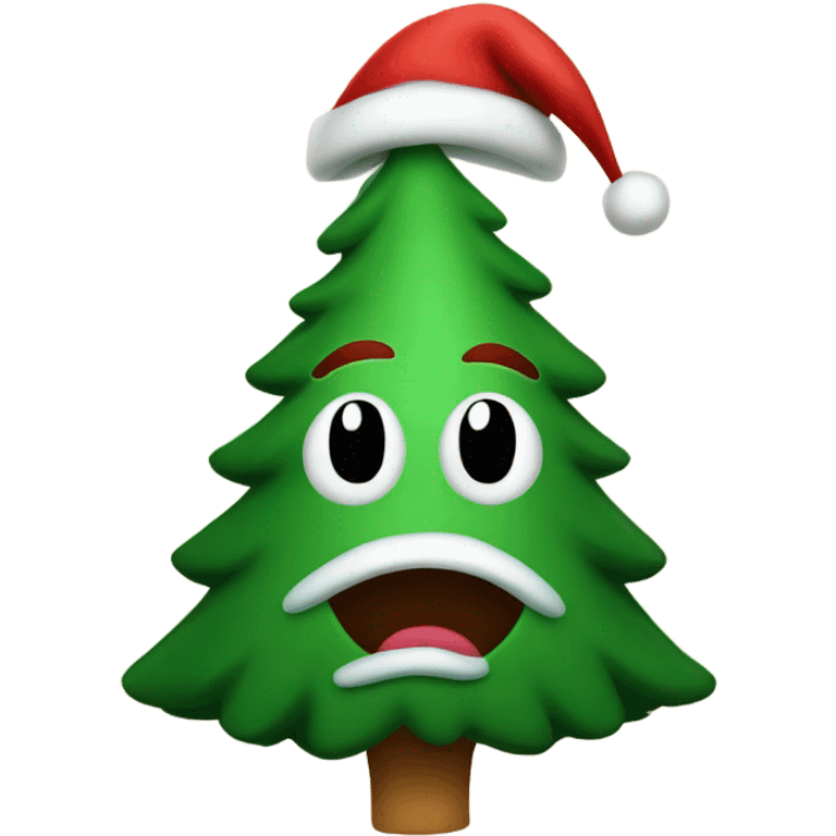 Christmas tree with a face wearing a red Santa hat emoji