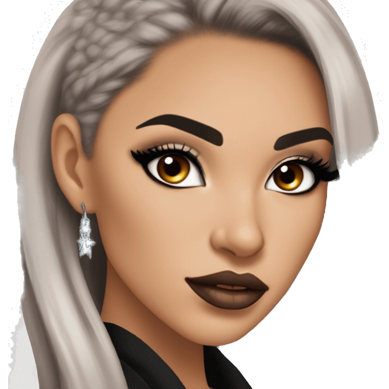 Alexa Demie euphoria sho: warm brown eyes, bold black sharp eyeliner, sparkly rhinestones on eyes, dark arched brows, full nude-berry lips, light skin, high cheekbones, sleek dark brown long straight hair in ponytail.

 emoji