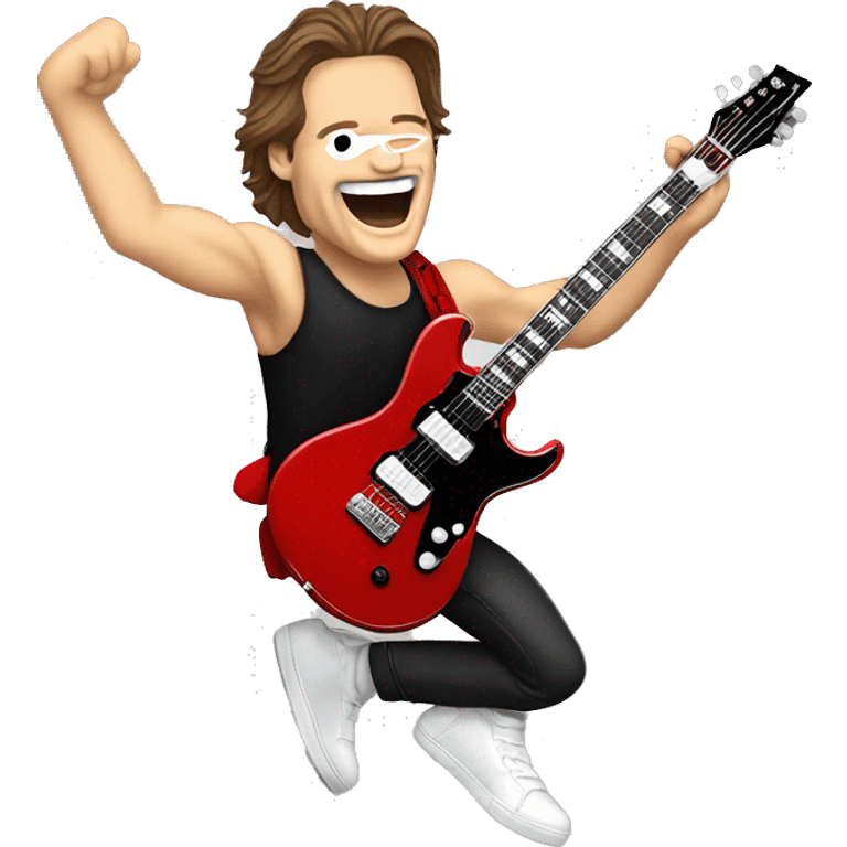 Edward Van Halen jumping, straddle-style with his signature red, black, and  white guitar emoji