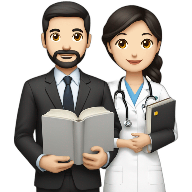 husband age 40 dark brown hair trimmed beard wearing dark business suit holding bible, wife asian age 40 black hair wearing nurse uniform, no children emoji