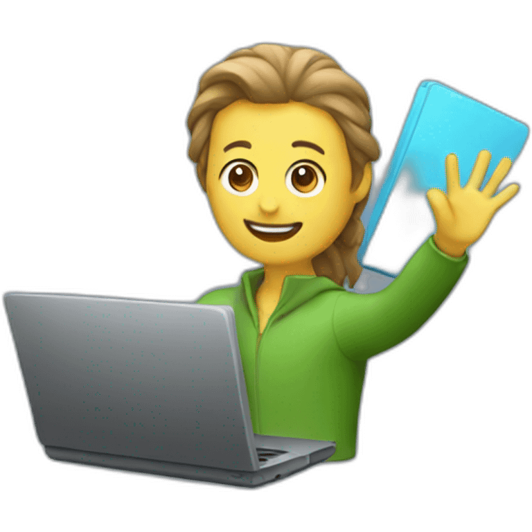 coder taking laptop and waving hi emoji