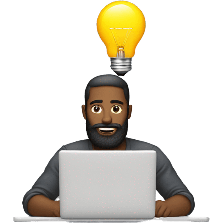 A man with beard working on a laptop with a lightbulb above his head emoji