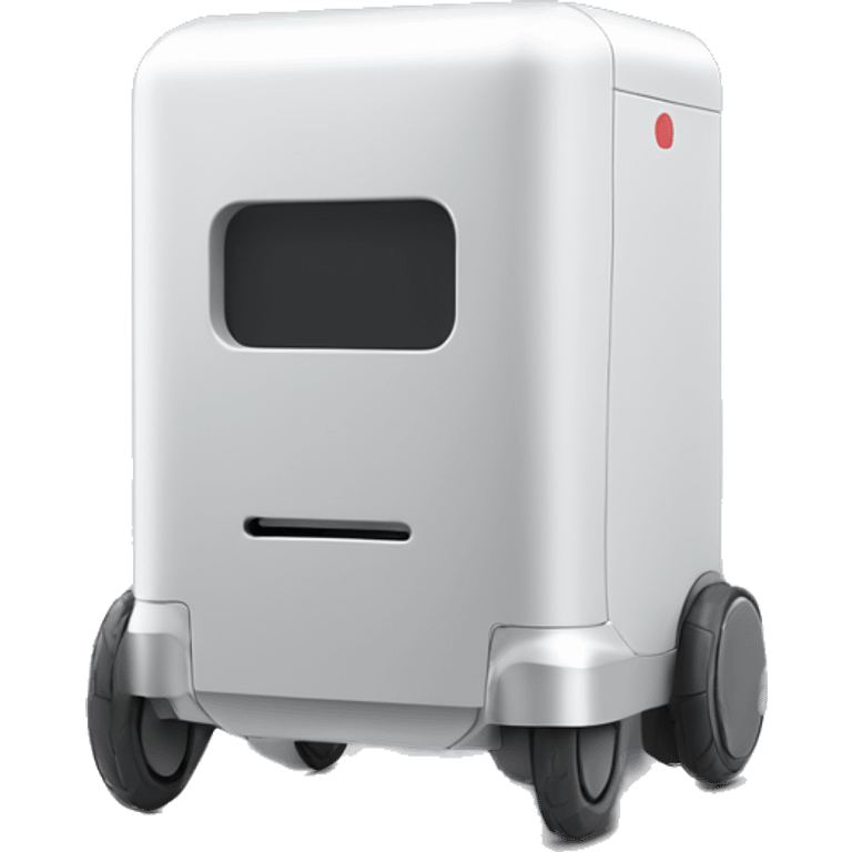 solid rectangle gray delivery robot with white circle white led eyes and opening lid on 4 wheels with food, minimalistic design emoji