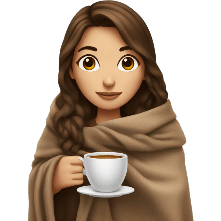 Brown hair Girl drinking coffee, with a cozy blanket emoji