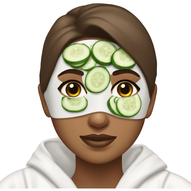 White girl with Brown hair and blue eyes wears a Green clay colored skincare textured mask and puts on cucumbers around her eyes while She relaxes in her white Robe emoji