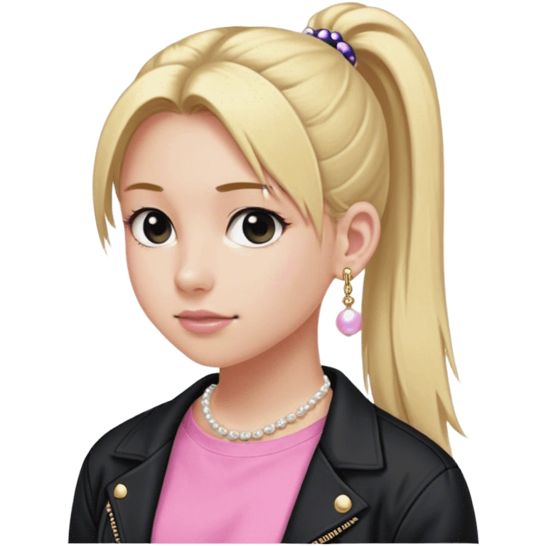 High school white girl with long blonde hair hair tied into a ponytail. Wearing a pink tee shirt with a black jacket and pearl stud earrings. She’s also wearing a short, dainty and girly (maybe 16”) gold chain emoji