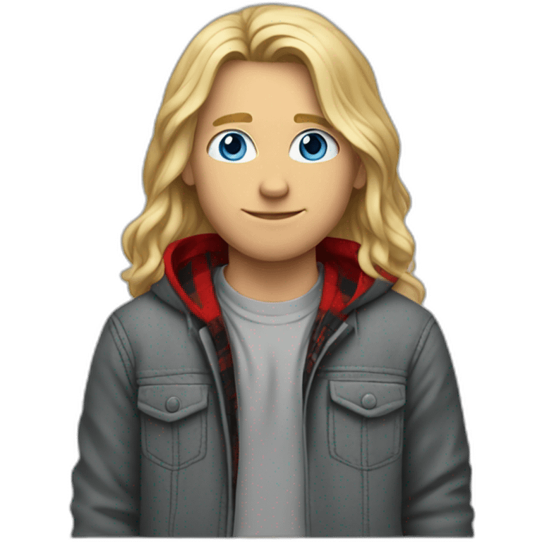 long haired blond guy, blue eyes, wearing a grey hoodie zip up with a red and black flannel under the jacket emoji