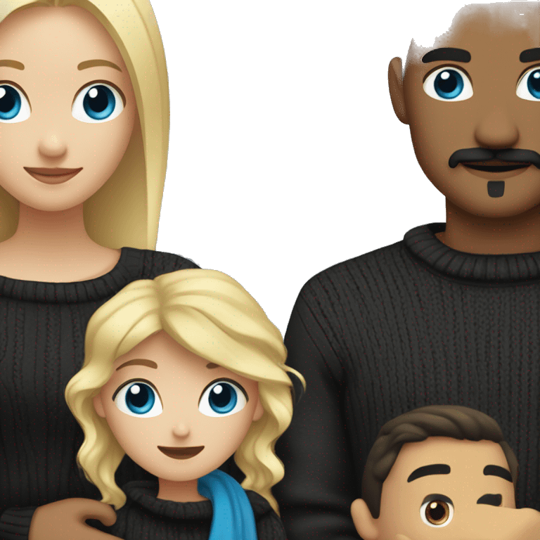 Blonde girl with blue eyes in black sweater and man with hispanic man with a mustache and dark eyes hugging emoji