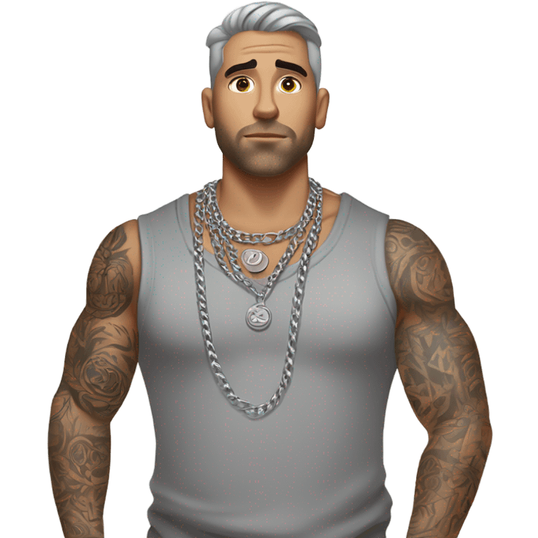 Full body image  of a Man with tattoos, brown hair and grey highlights, thick silver Cuban necklace that has big wide eyes looking to the side curiously emoji