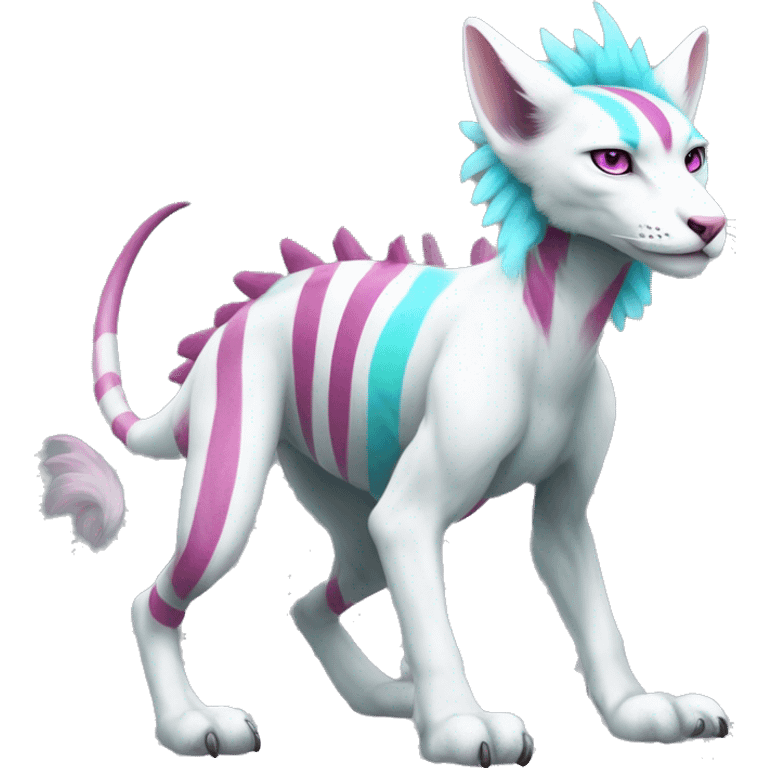 White elegant beautiful natural cute badass epic anthro modern albino Trico-vernid-Fakémon with cyan mane and magenta eyes with cyan edgy stripes, anthropomorphic, two-legged, digitigrade, full body emoji