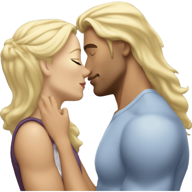 Woman with blonde hair kissing a lean white manmuscular  emoji