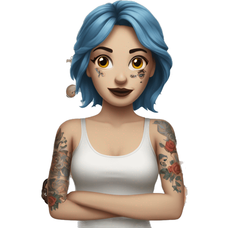 Pale brunette woman covered in tattoos on arms  emoji