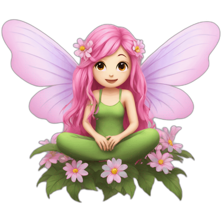 long pink hair fae with wings sitting on flower emoji