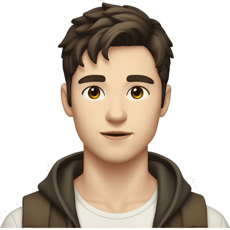 a handsome young man with short dark brown hair, pale skin and a scar between his eyebrows emoji