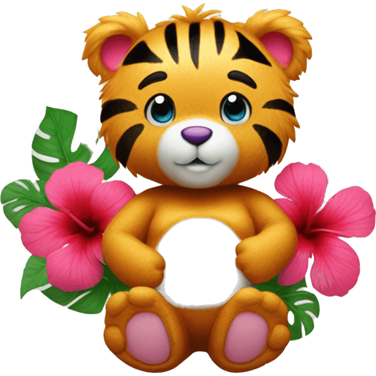 Care bear with tiger print fur and a hibiscus flower at the center of it’s white belly  emoji