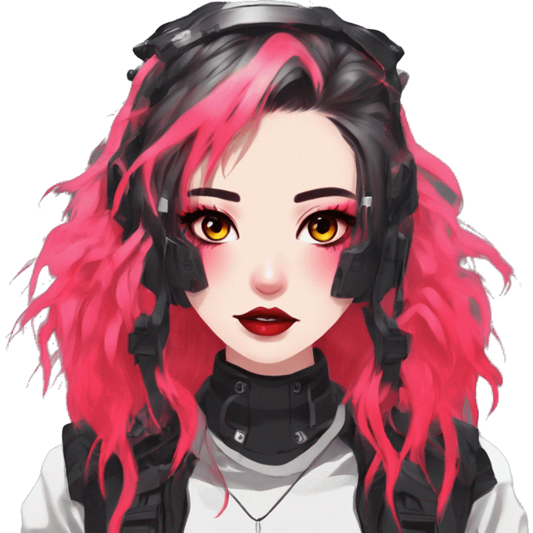 Gorgeous futuristic neon gothic techwear anime style lady with blushing face aesthetic and pretty edgy black red punk messy wild cute hair with collar and harness trending style emoji