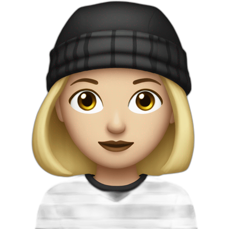 bank robber blonde woman with black beanie hat eye mask and striped shirt emoji