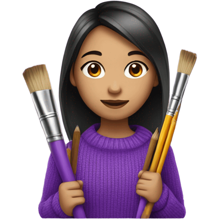 Half Asian girl in bright purple sweater holding paintbrushes and pencils emoji