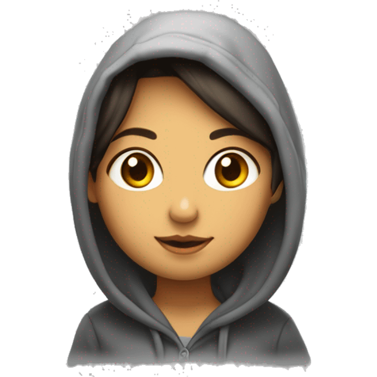 una chica morena con una sudadera y una capucha saludando emoji