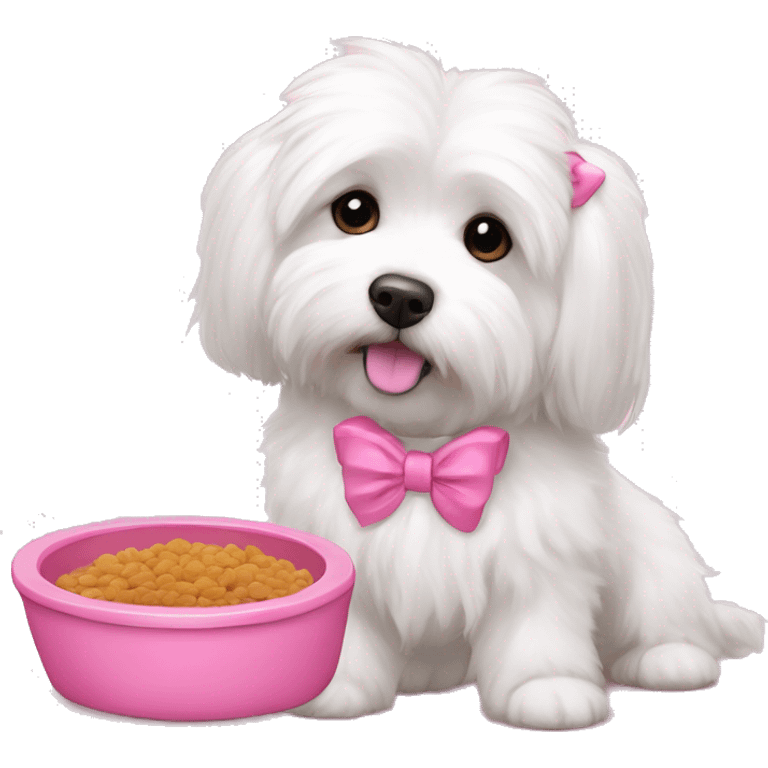 Long haired Coton de Tulear dog with pink harness and pink hair bow, pink dog bowl with kibbles, pink dog bed, her name is Zoey emoji