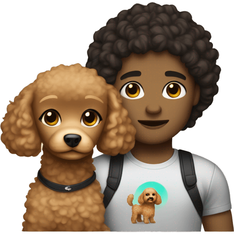 white woman with straight dark hair and a mixed race man with curly hair holding a toy poodle light brown color emoji