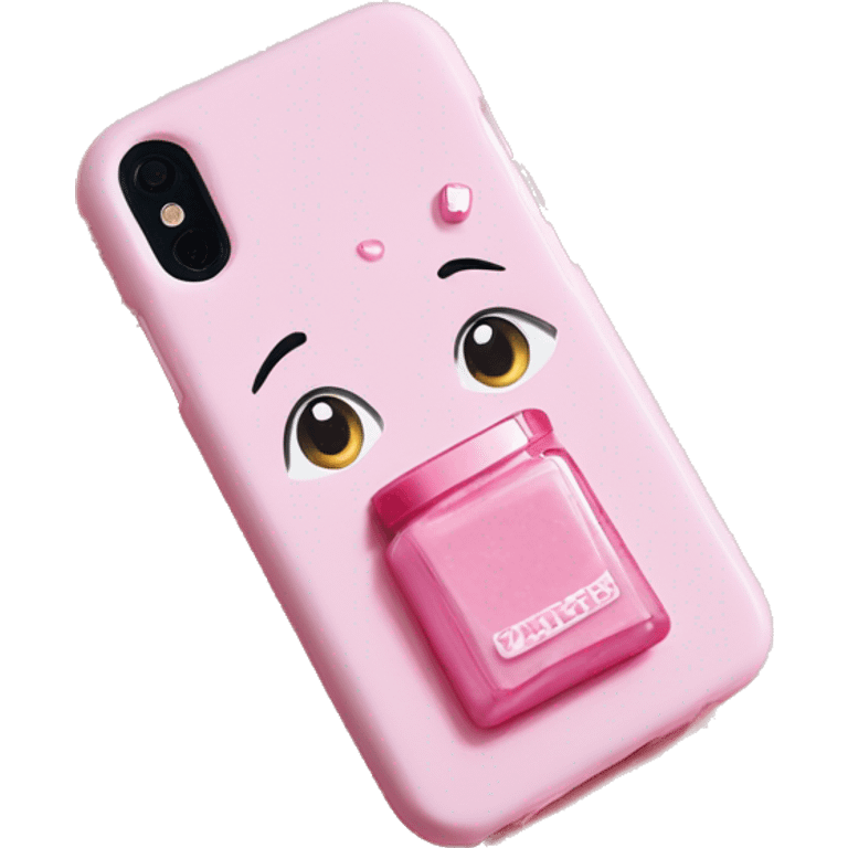 light pink phone case with light pink lip gloss attached to the back of the case  emoji