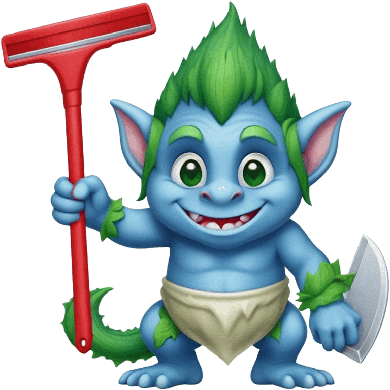 blue Troll cleaning a window using red squeegee emoji