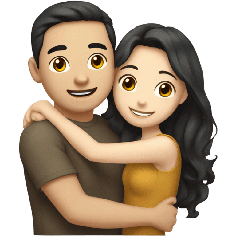 A cute and very happy Asian couple hugging each other very tight. The girl has long dark wavy hair and pale skin and dark hazel eyes, the Man has short dark straight hair and bright amber eyes and is pale emoji