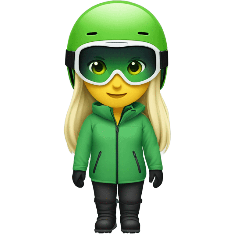 Green-eyed, fat female skier with medium-length straight blonde hair no curls, snow goggles on top of helmet, white ski helmet, gray snow jacket, green ski gloves, long black pants rolled up at the bottom, black only snow boots standing tall. emoji