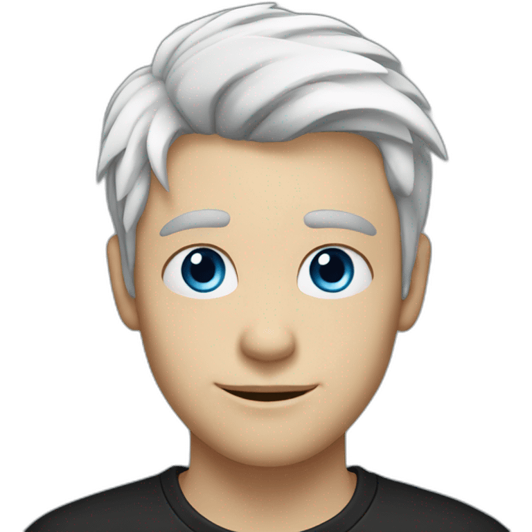 A young man with a white hair and blue eyes, with a black t-shirt emoji