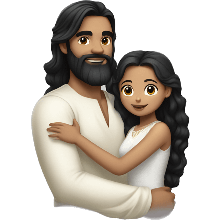 Light skin;Black long hair girl  in a white saree hugging with a man with black beard and hair on top emoji