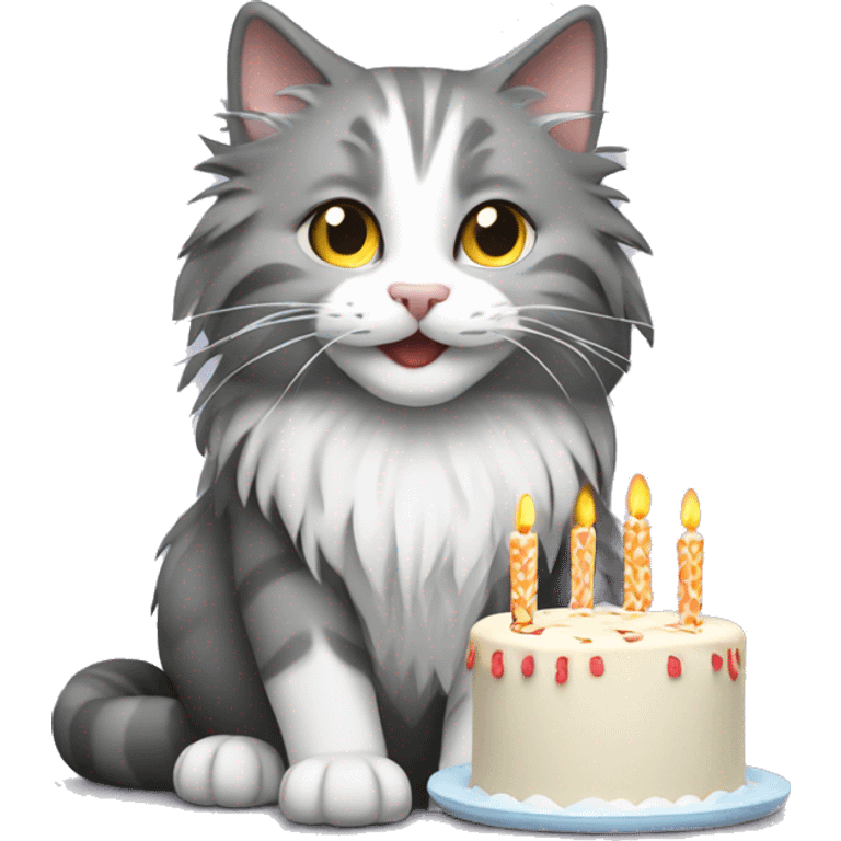 grey and white norwegian forest cat blowing candles emoji