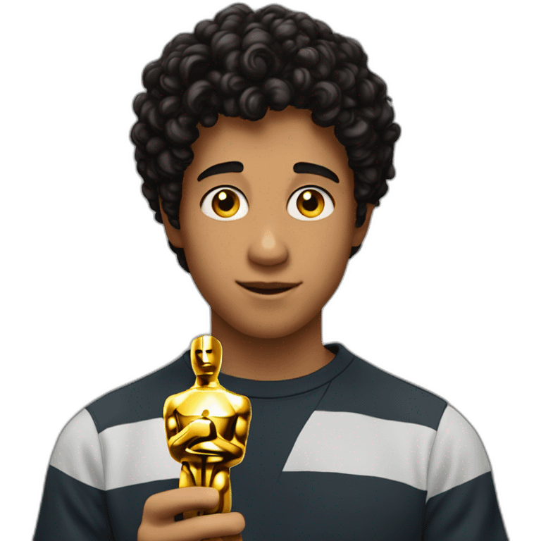 17 years old boy with black curly hair hold in his hand an oscar emoji