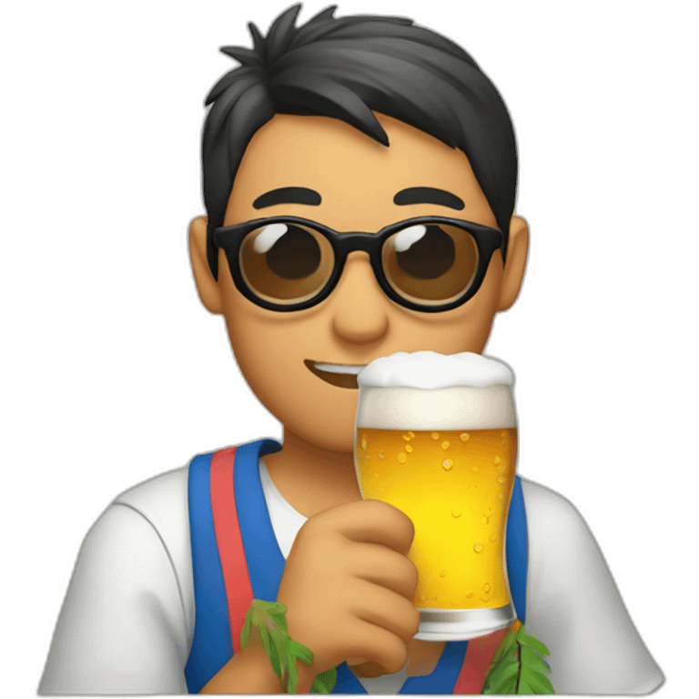 Japanese wearing roundglasses alohashirt is holding beer emoji