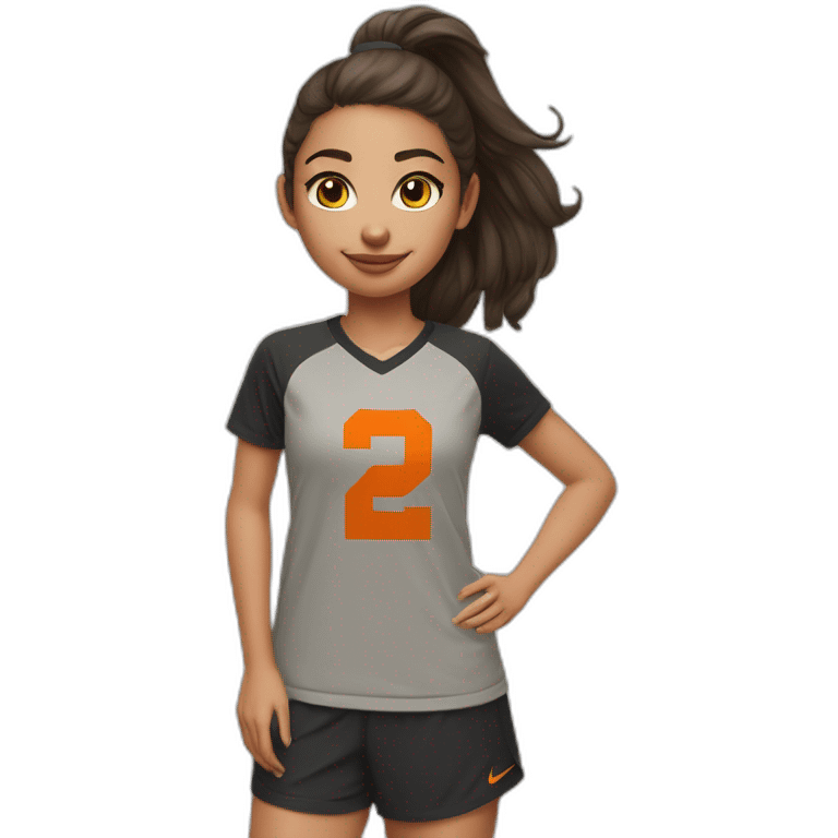 Fille footballeuse brune beige tee shirt gris short noir crampon orange Nike qui cour avec un ballon  emoji