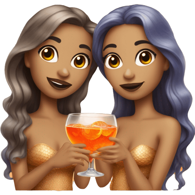 Three beautiful mermaids (light skin) drinking aperol emoji