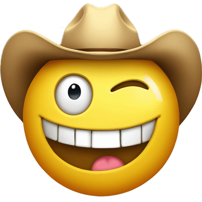 one yellow sphere emoji wearing cowboy hat, winking one eye and has one golden teeth emoji