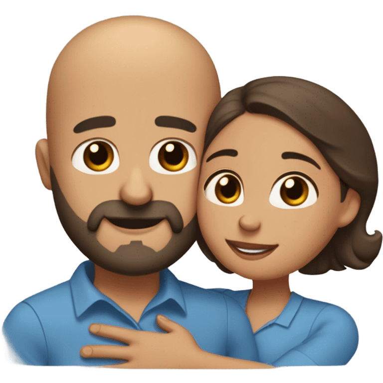 Brown-haired Puerto Rican woman with dark brown eyes wearing a cute blue blouse giving comforting hug to short, bald man with brown eyes, laugh lines, and a beard emoji